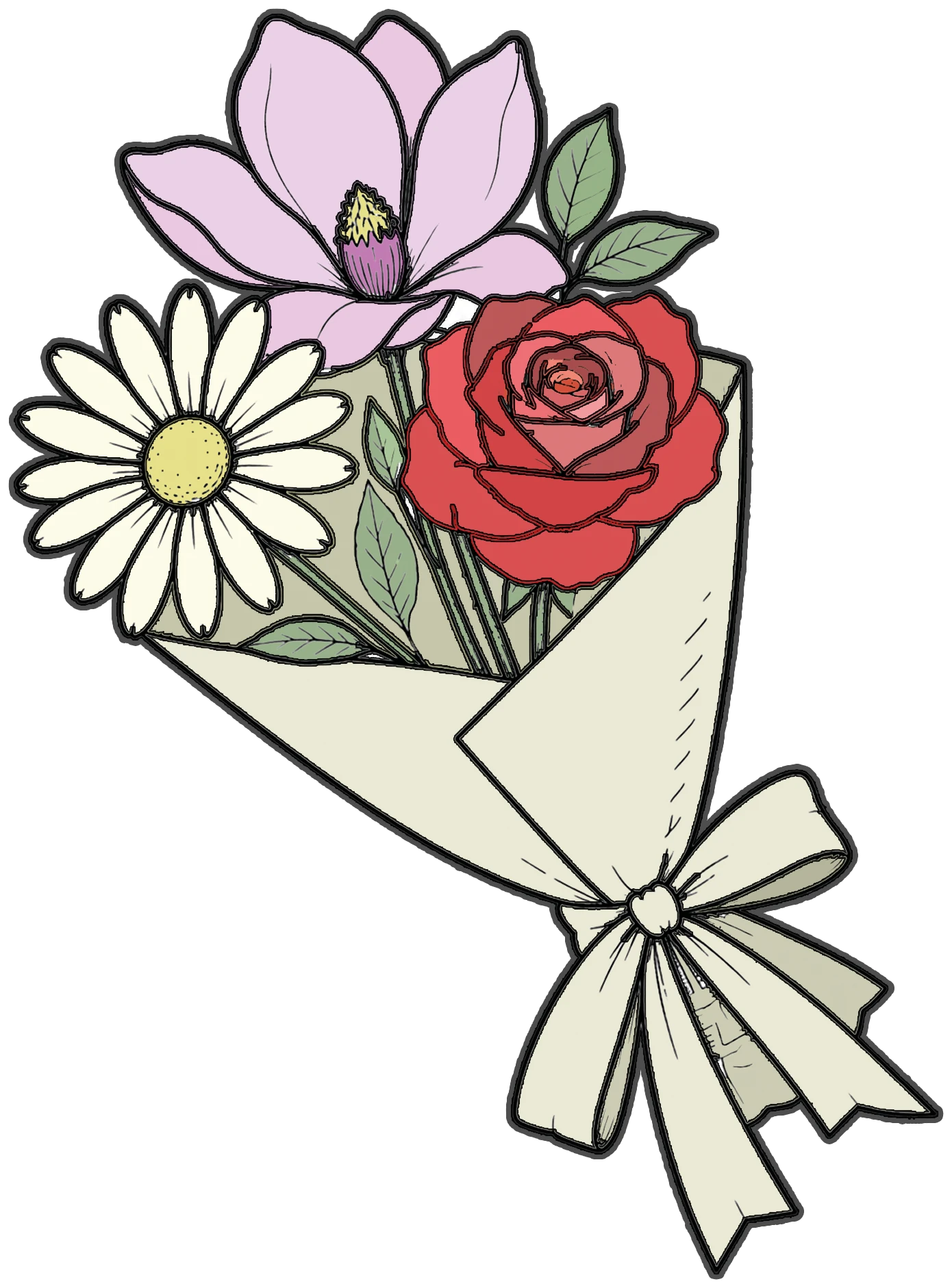 Illustrazione di un bouquet con magnolia, margherita e rosa